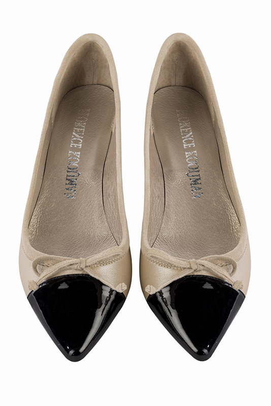 Gloss black, gold and champagne white women's ballet pumps, with low heels. Pointed toe. Flat flare heels. Top view - Florence KOOIJMAN